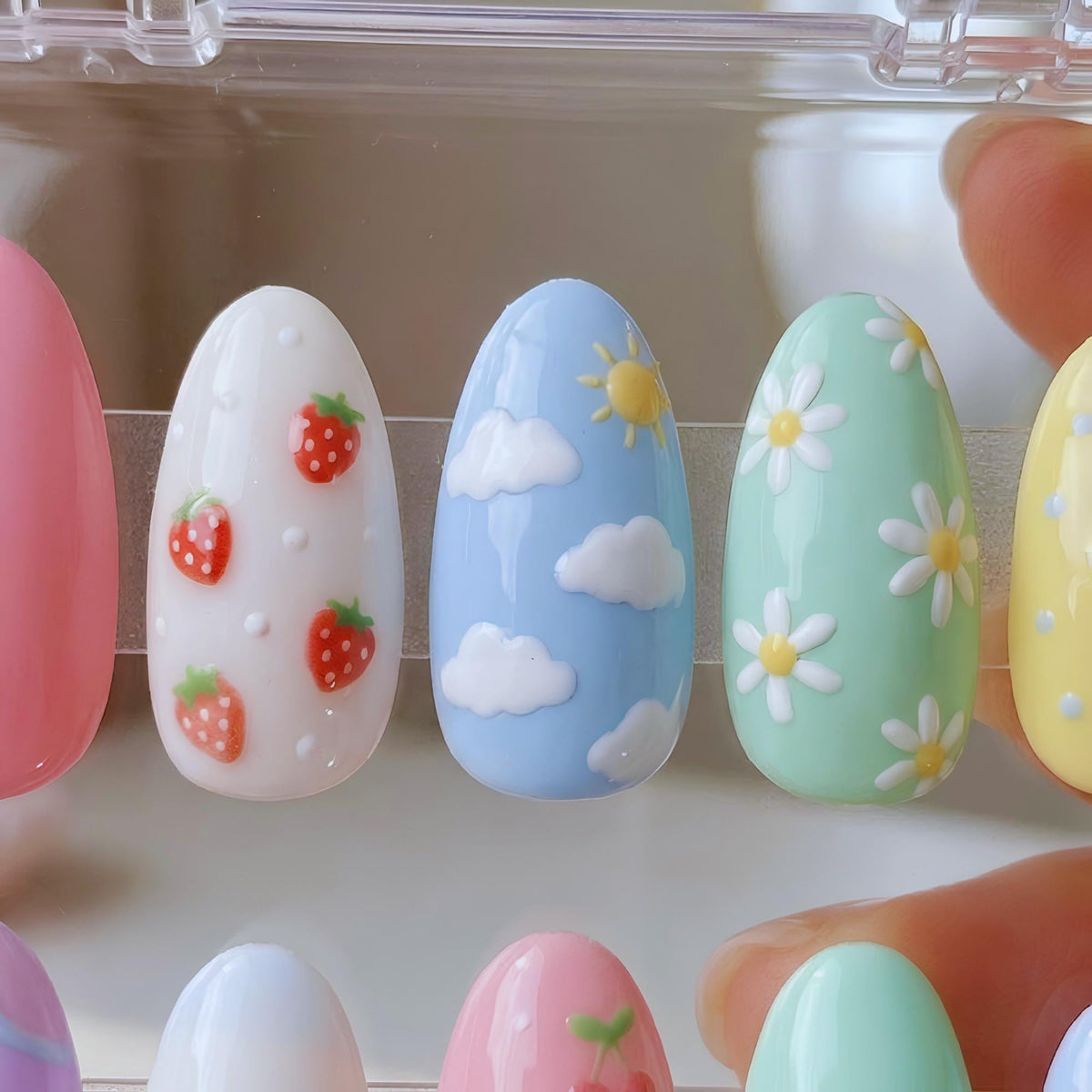 Pastel Kawaii Summer Nails With 3D Fruit, Daisies, Clouds and Beach Details