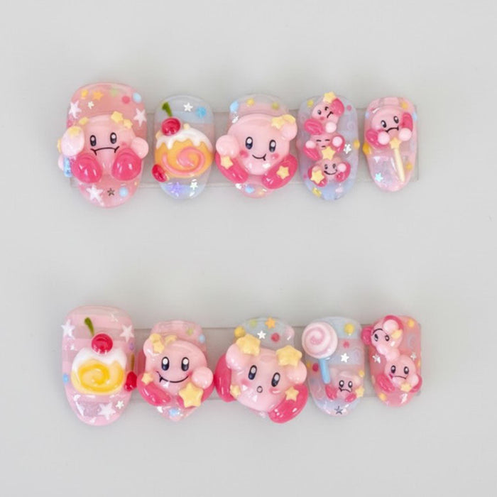 Pastel Kirby Press On Nails with Candy, Cherries, Stars, and 3D Details