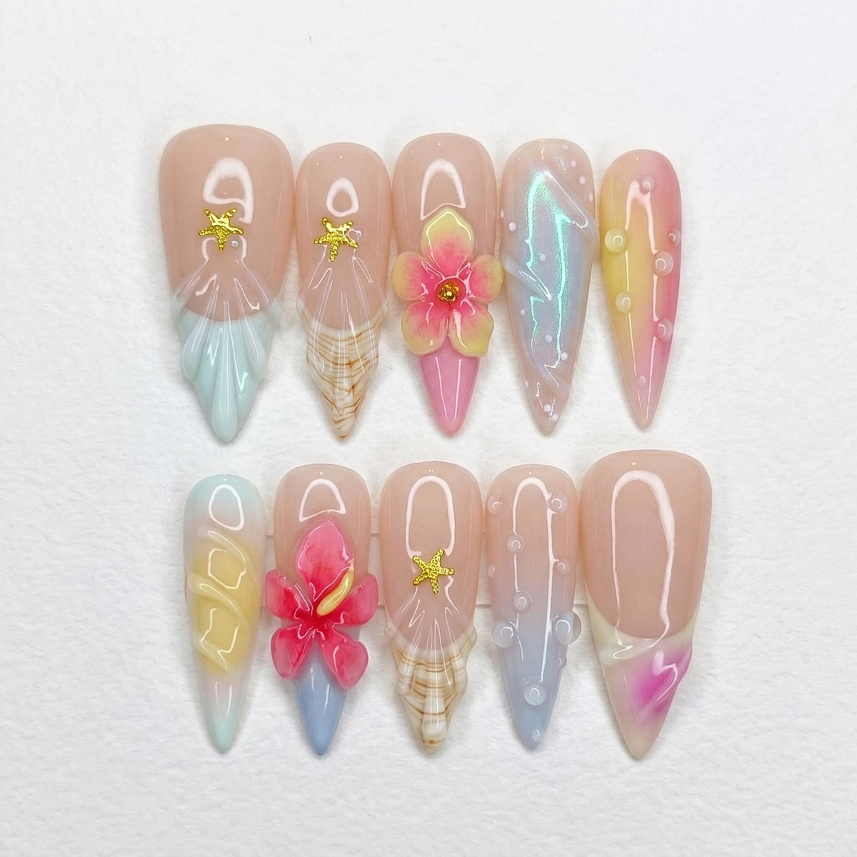 Pastel Mermaid Beach Press On Nails With Flowers, Starfish Charms, and Shell Details