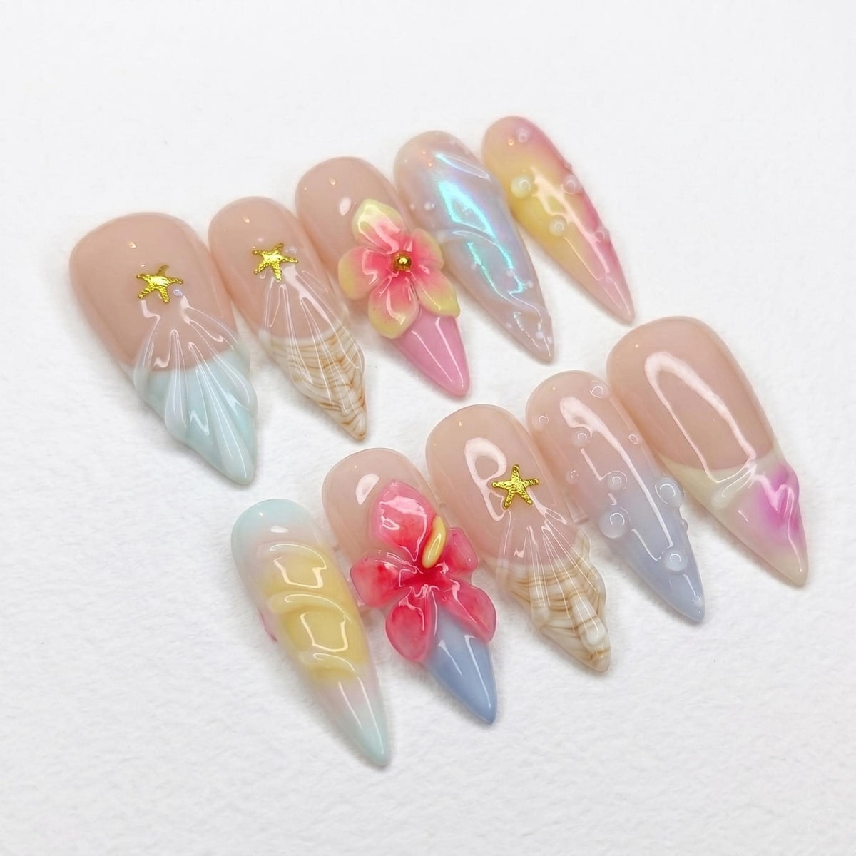 Pastel Mermaid Beach Press On Nails With Flowers, Starfish Charms, and Shell Details