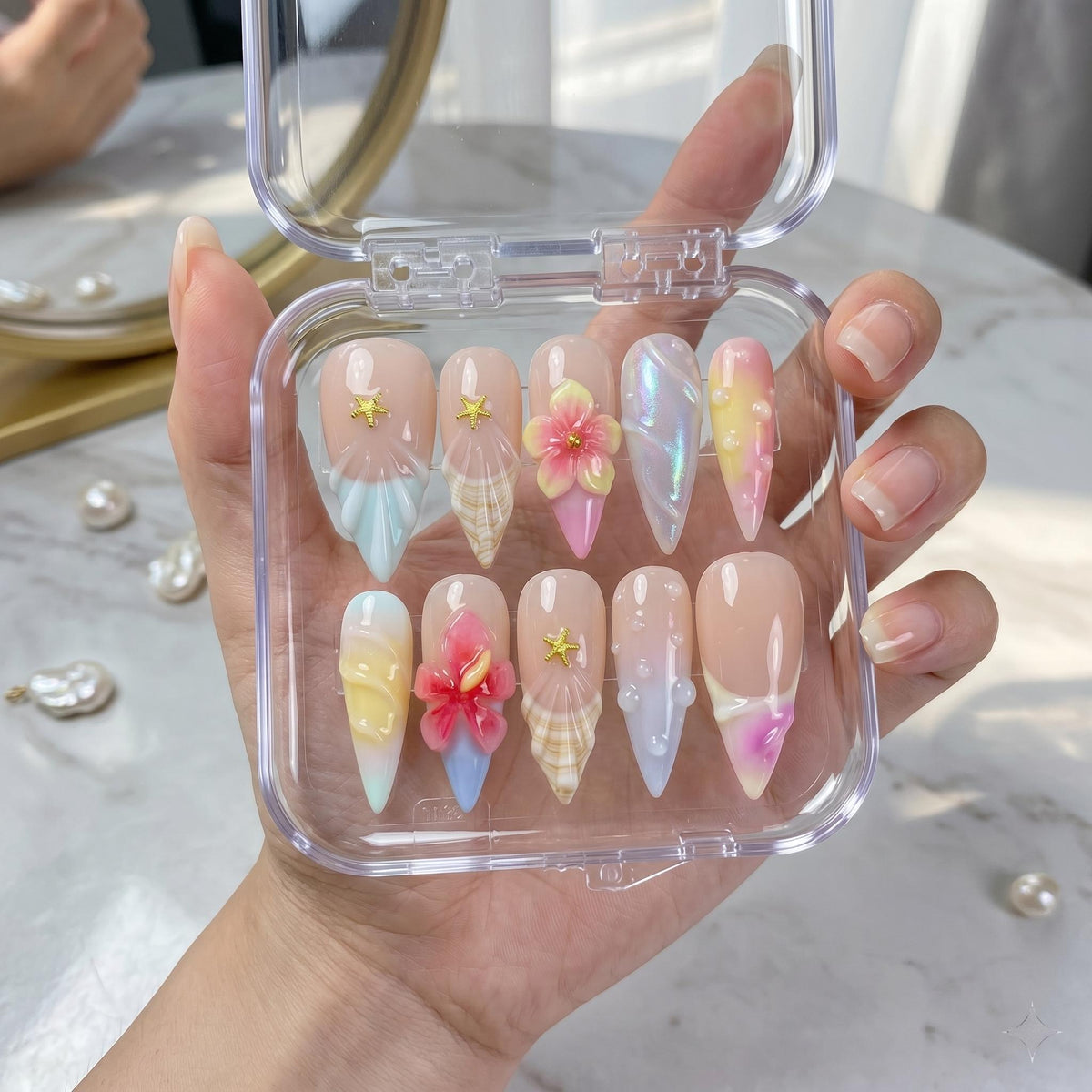Pastel Mermaid Beach Press On Nails With Flowers, Starfish Charms, and Shell Details