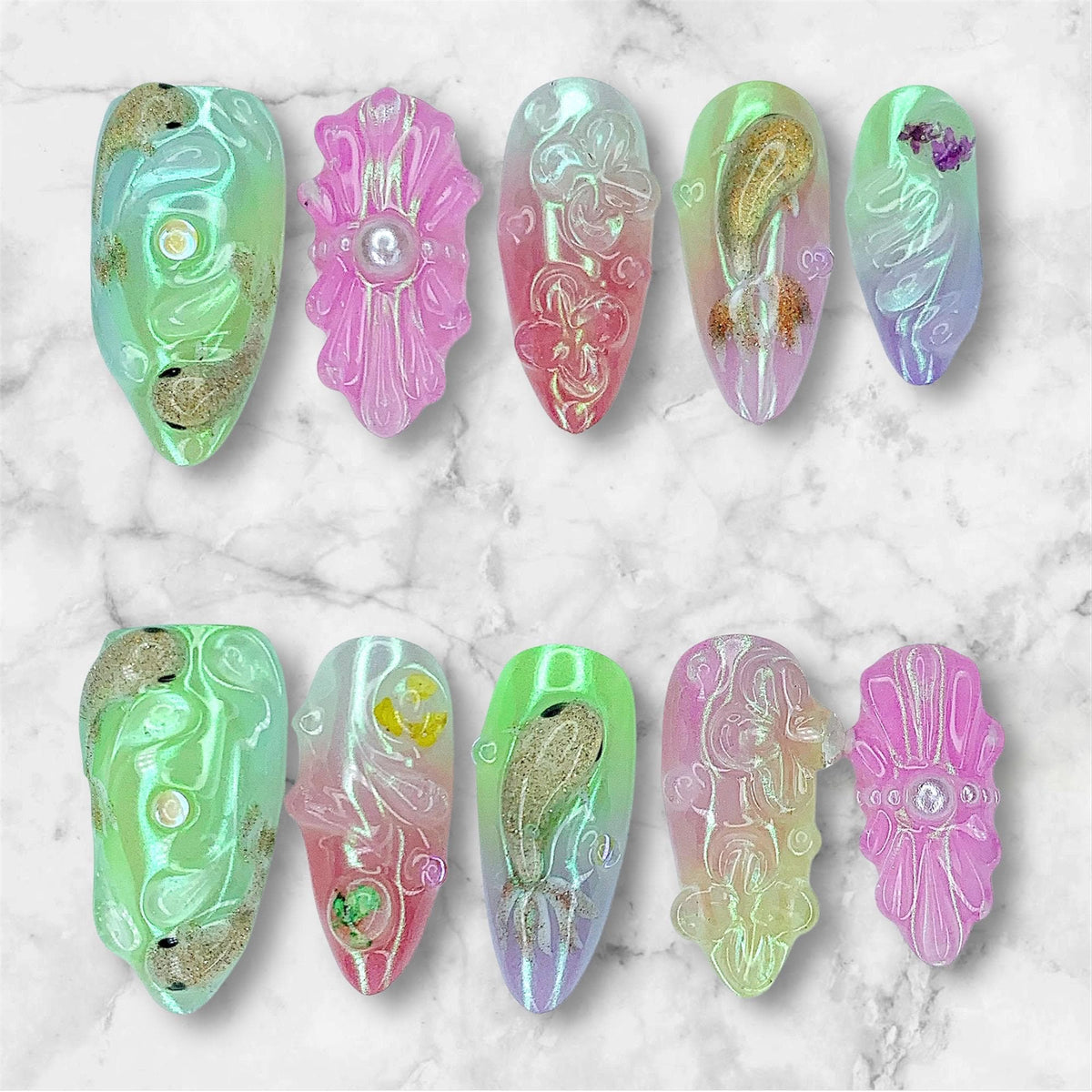 Pastel Mint and Pink 3D Floral Nails with Gold Accents