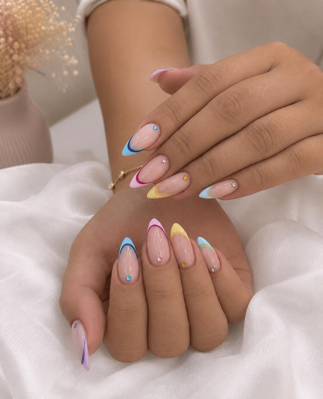 Pastel Multicolor French Tip Nail Set With Rhinestone Accents for Spring and Summer