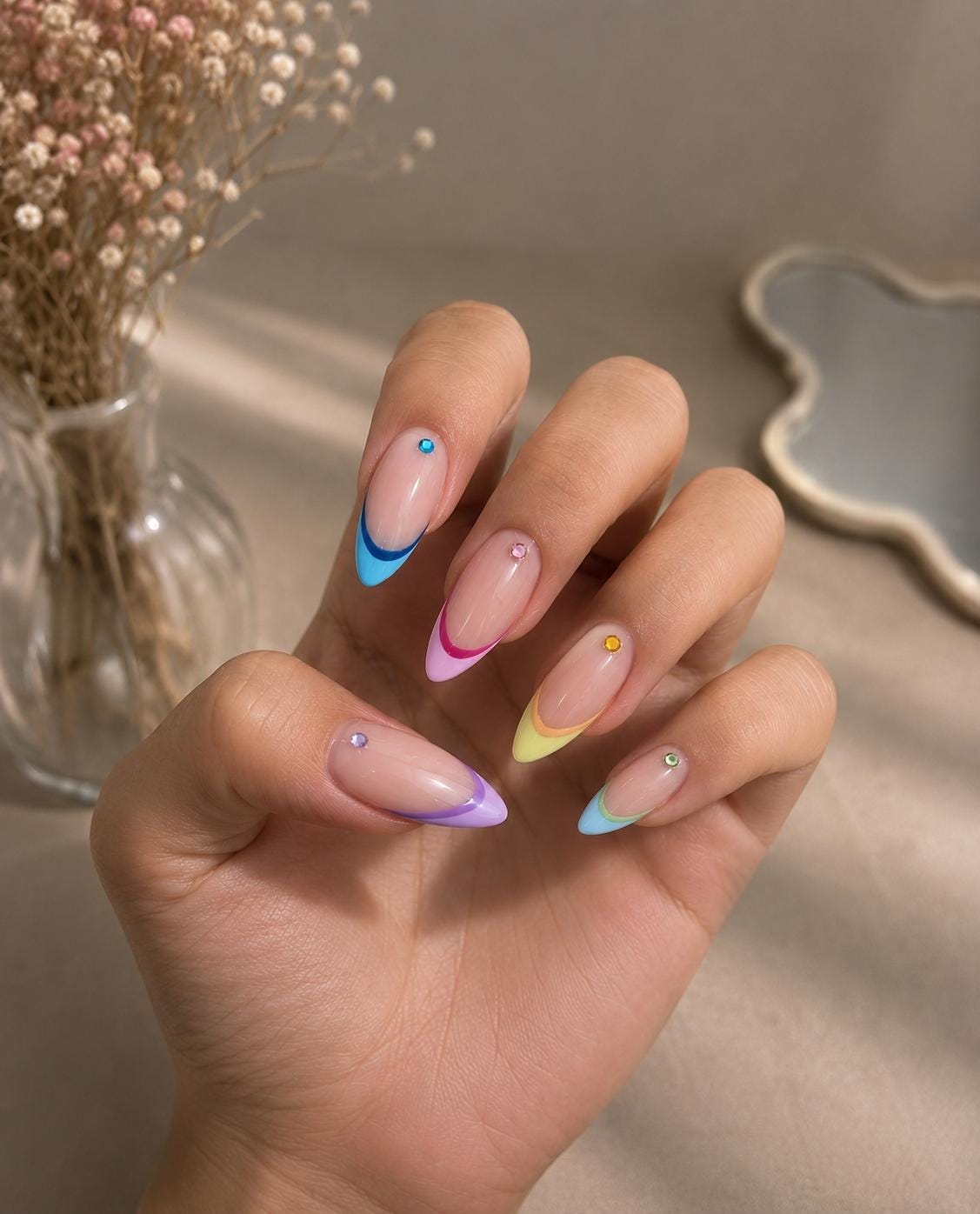 Pastel Multicolor French Tip Nail Set With Rhinestone Accents for Spring and Summer