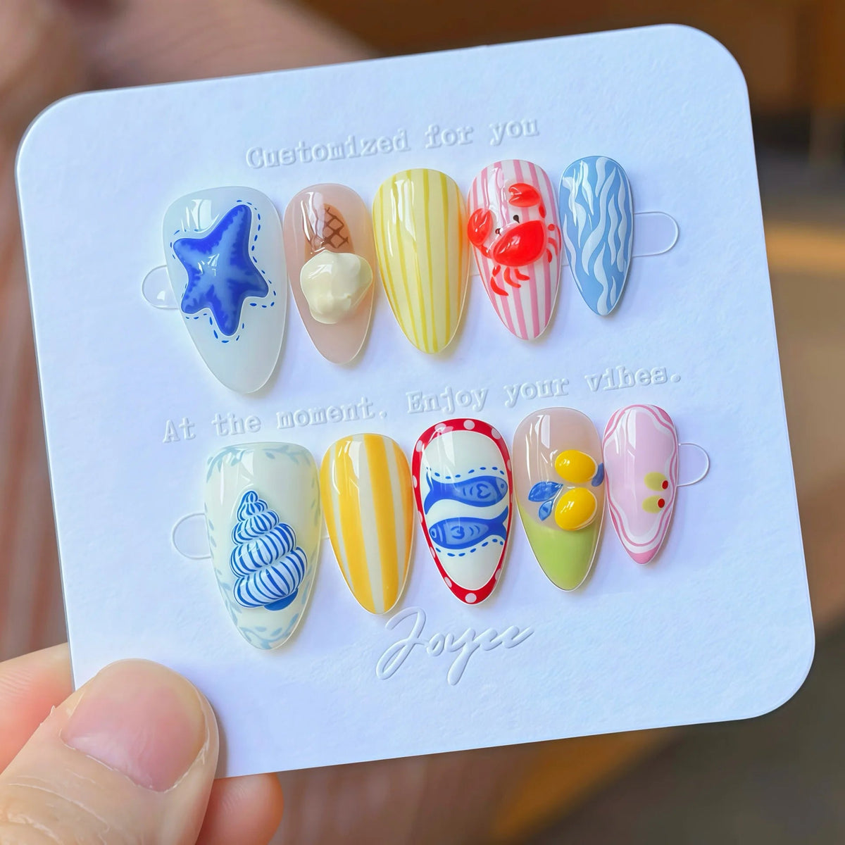 Pastel Ocean Press On Nails with 3D Crab, Seashell and Starfish
