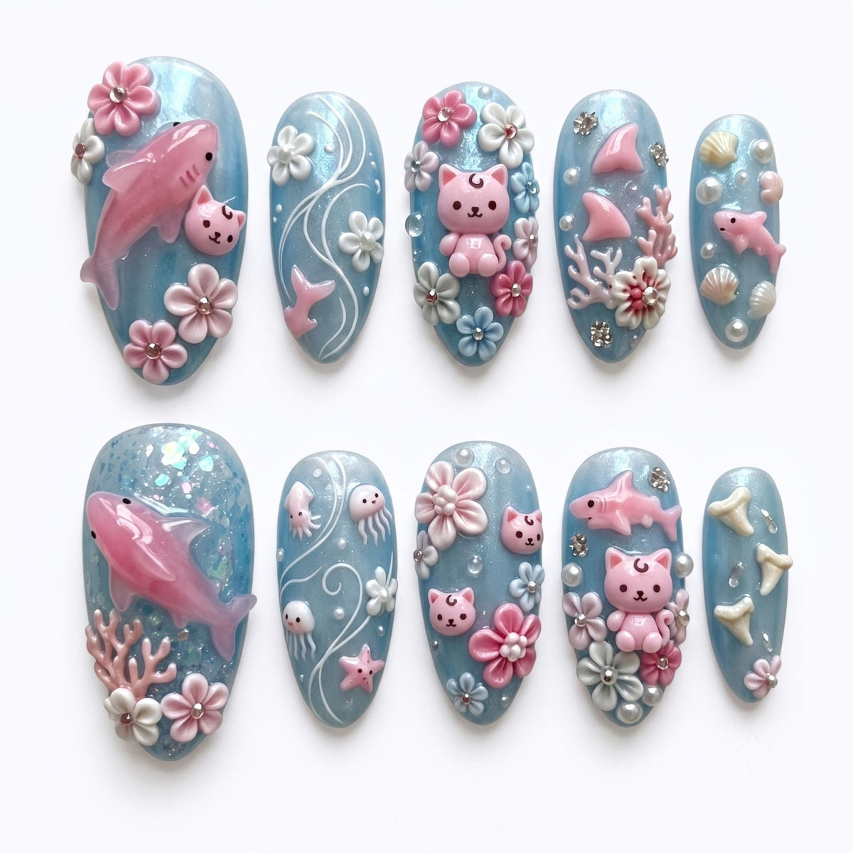 Pastel Ocean Press On Nails With Pink Sharks, Sea Motifs and 3D Flowers