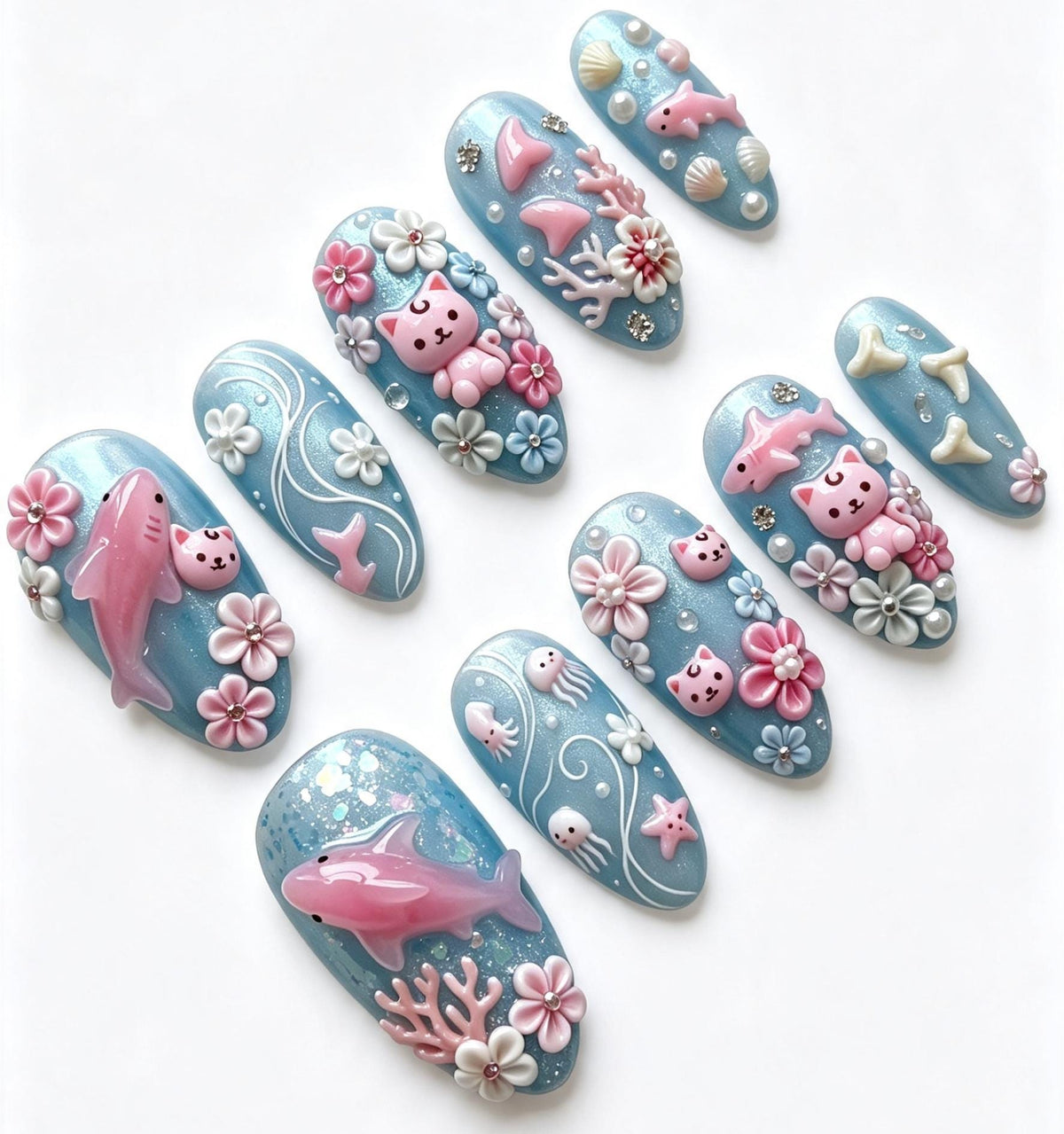Pastel Ocean Press On Nails With Pink Sharks, Sea Motifs and 3D Flowers