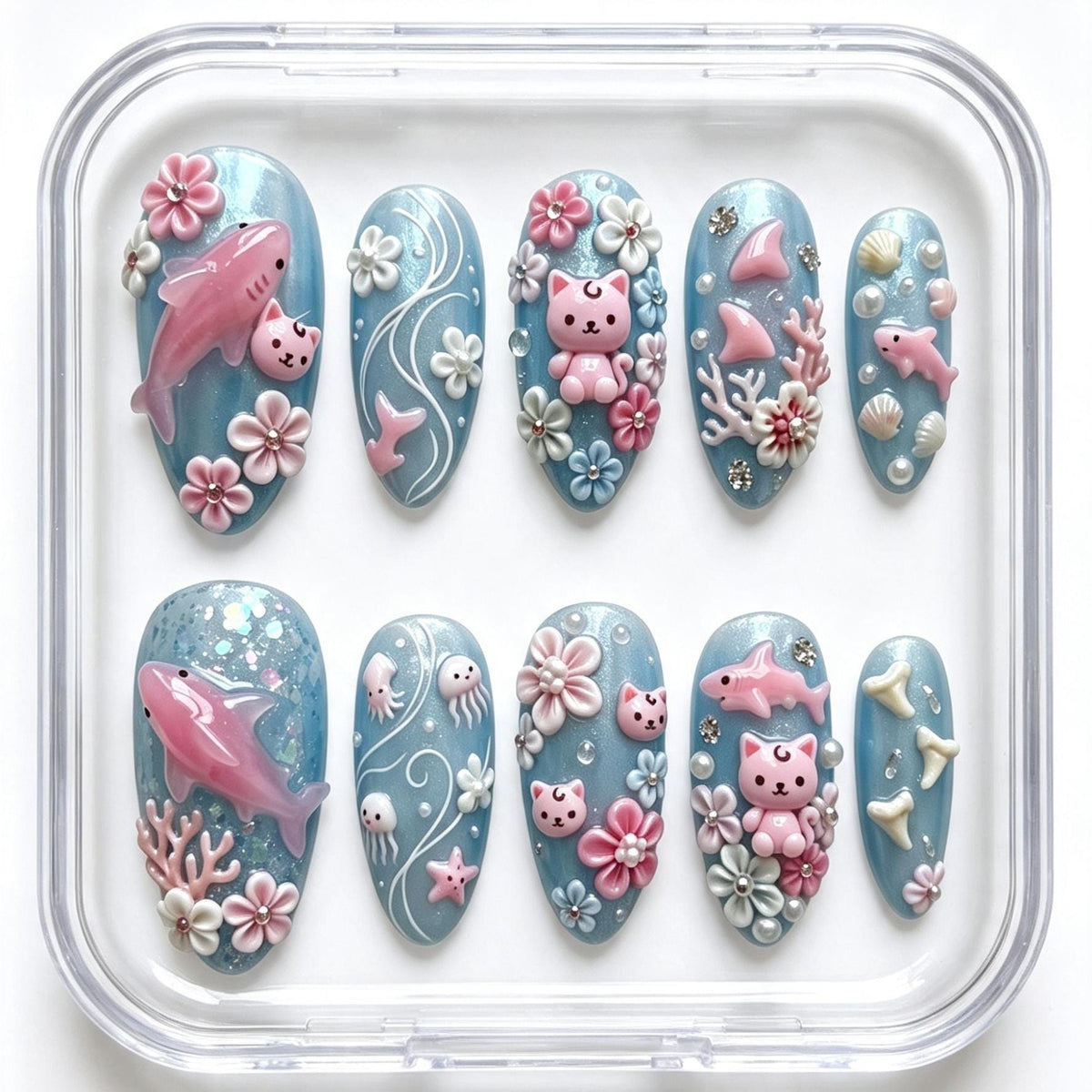 Pastel Ocean Press On Nails With Pink Sharks, Sea Motifs and 3D Flowers