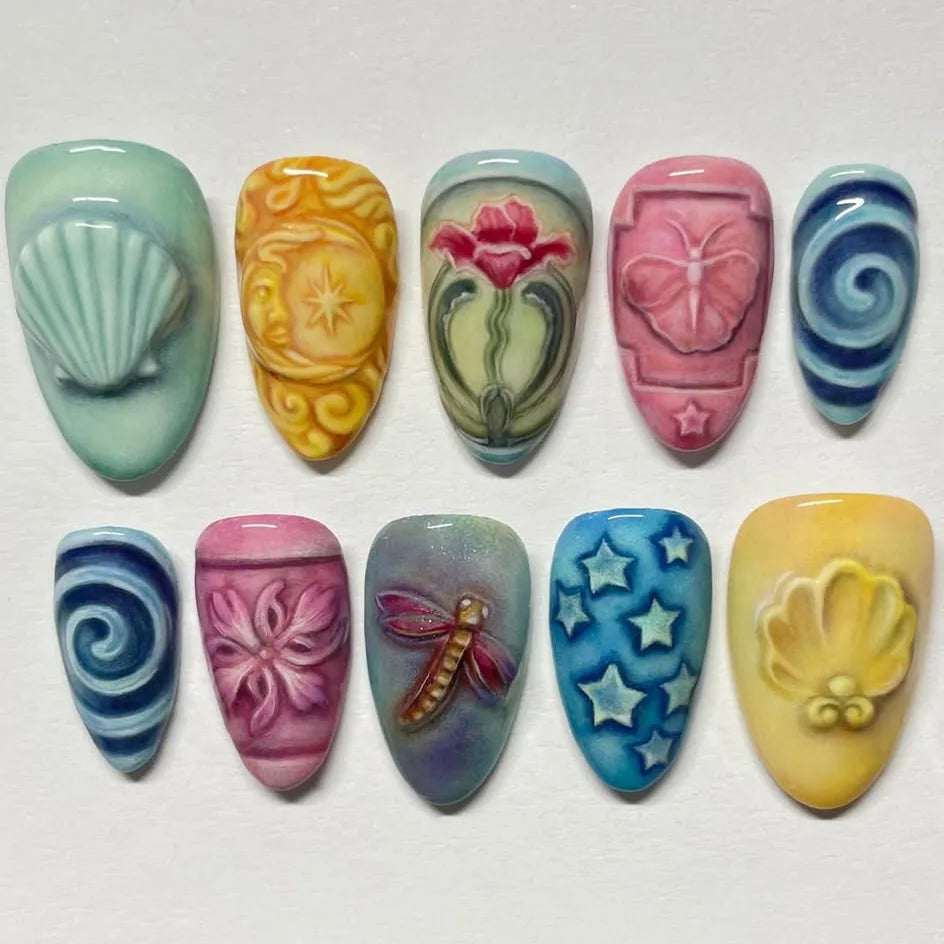 Pastel Ocean Shell and Swirl Press On Nails with Sculpted Flowers, Butterfly and Stars