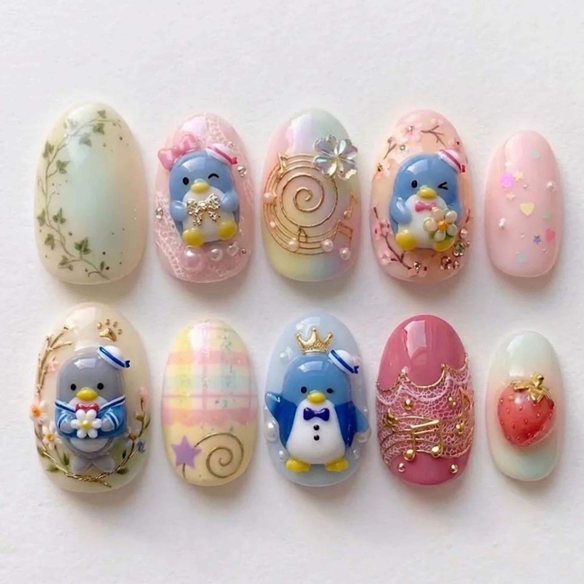 Pastel Penguin Press On Nails with Floral Lace, Plaid, Pearls and Gold Details