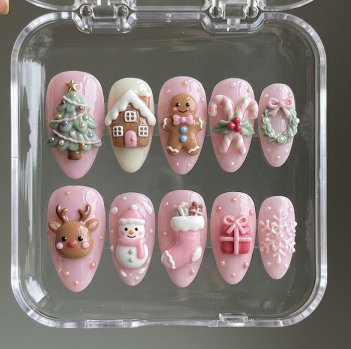 Pastel Pink 3D Christmas Press On Nails With Gingerbread, Reindeer and Snowman