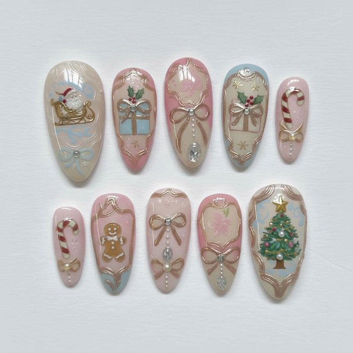 Pastel Pink and Blue Christmas Press On Nails with Rose Gold Frames and 3D Bows