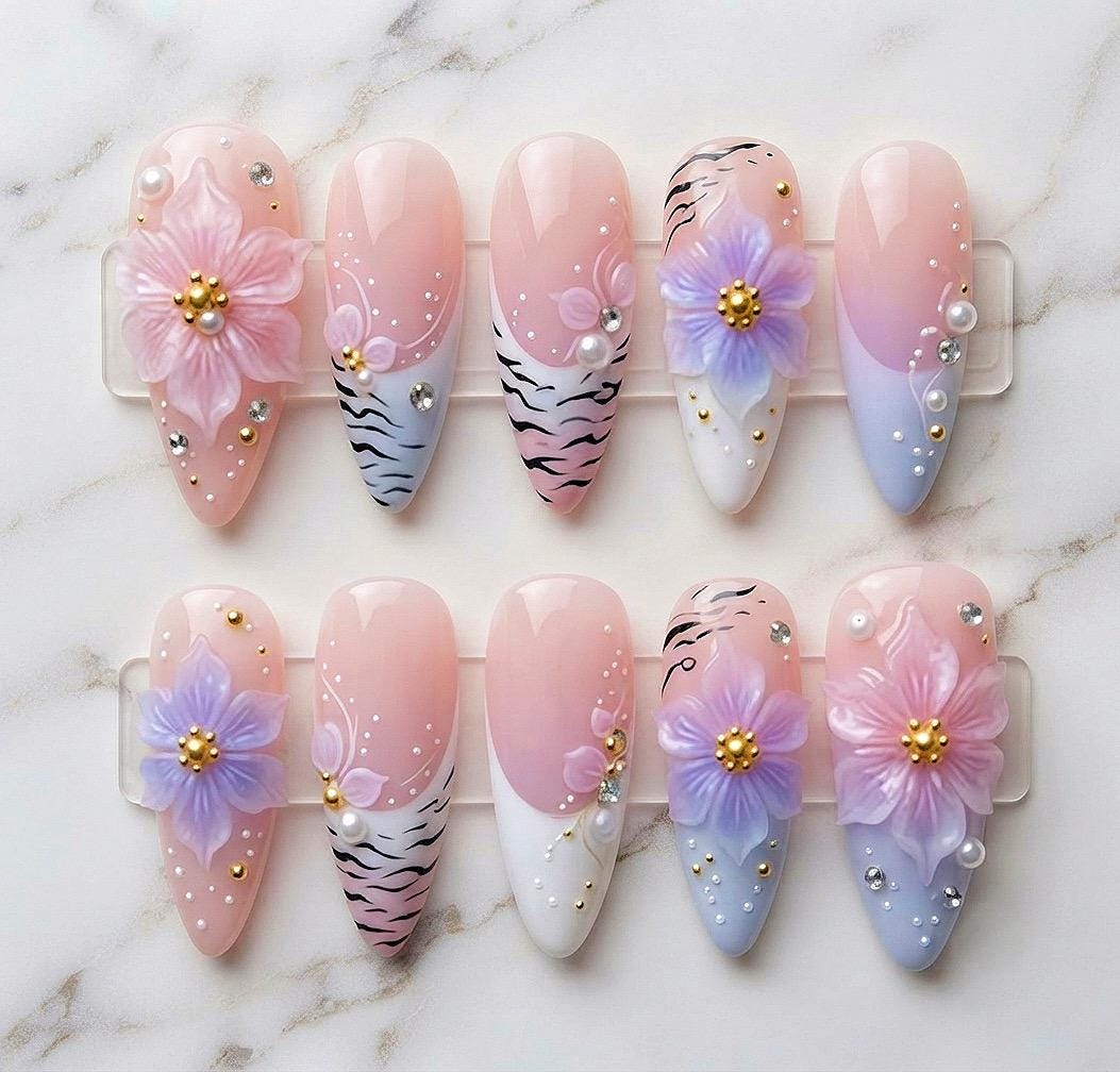 Pastel Pink and Lavender Floral Zebra French Tip Press-On Nails