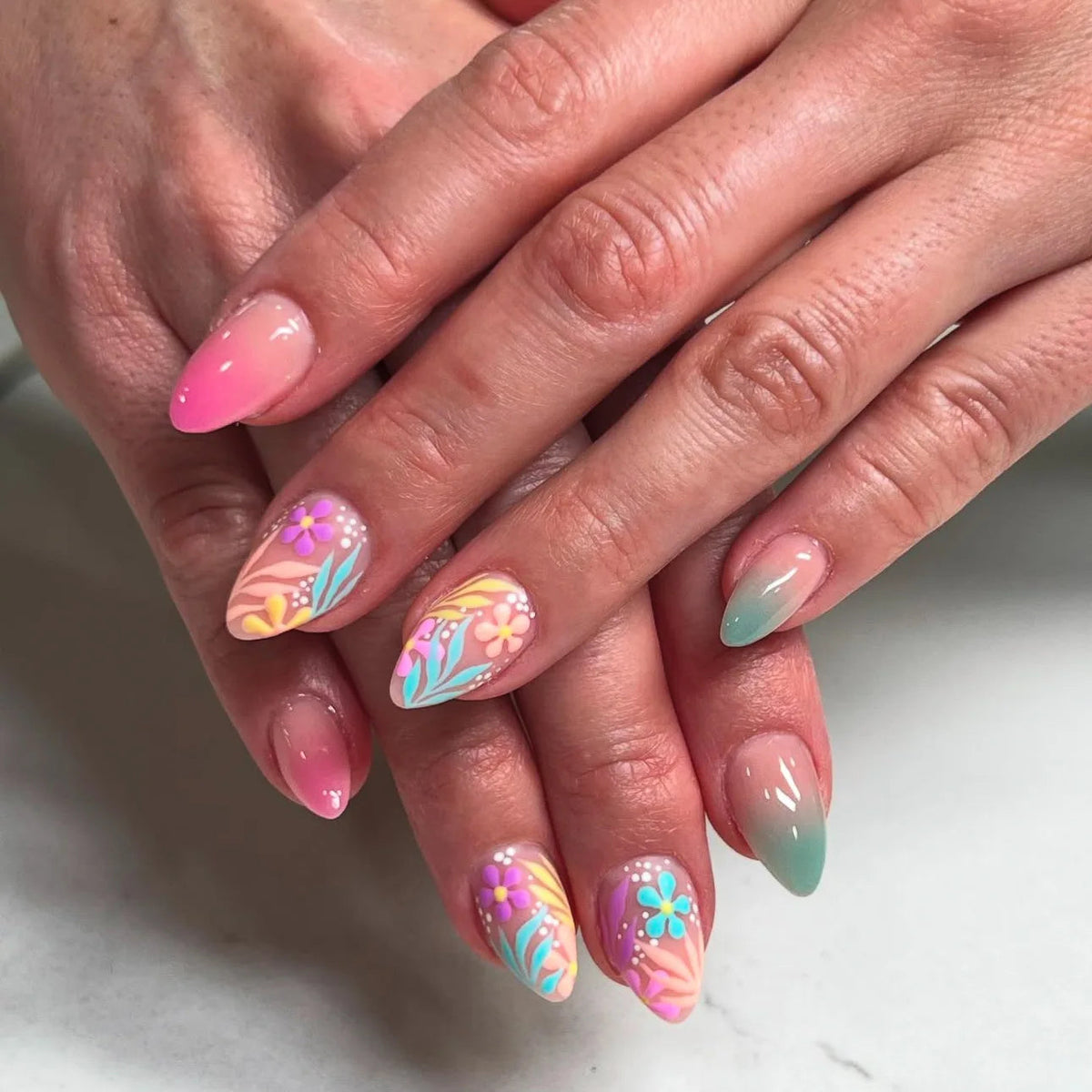 Pastel Pink and Mint Floral Swirl Press-On Nails