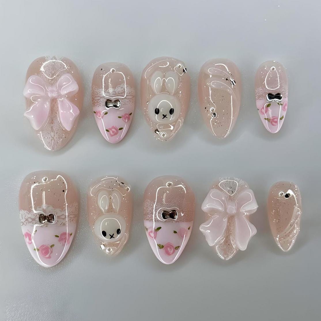 Pastel Pink Bunny French Tip Nails With 3D Bows and Rose Details