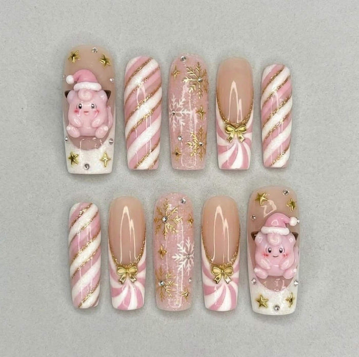 Pastel Pink Candy Cane Press On Nails with Gold Bows, Snowflakes and 3D Santa-Hat Charms