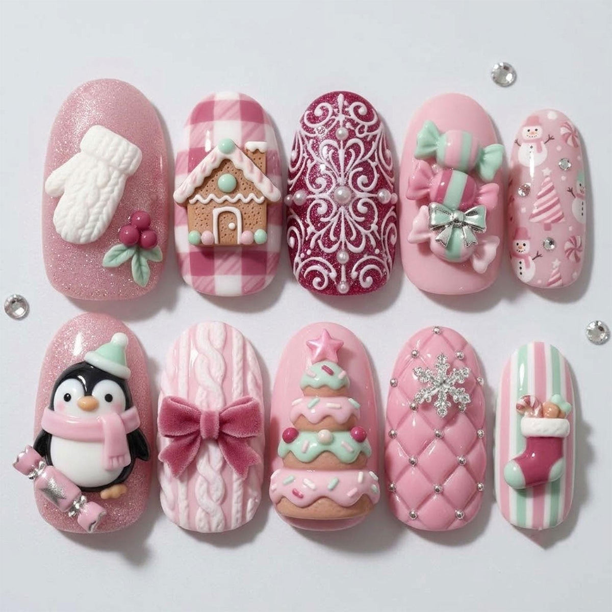Pastel Pink Christmas Nails With 3D Gingerbread House, Penguin, Bows and Candy