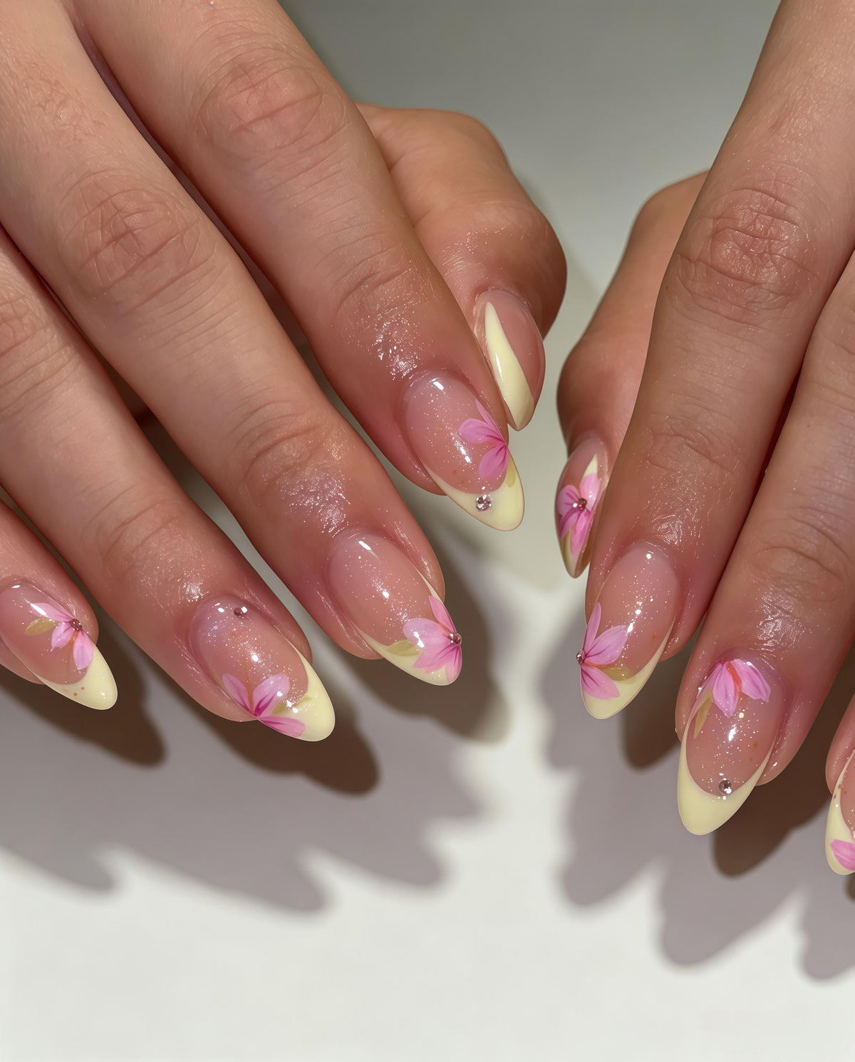 Pastel Pink Floral French Tip Press On Nails With Cream Yellow Tips
