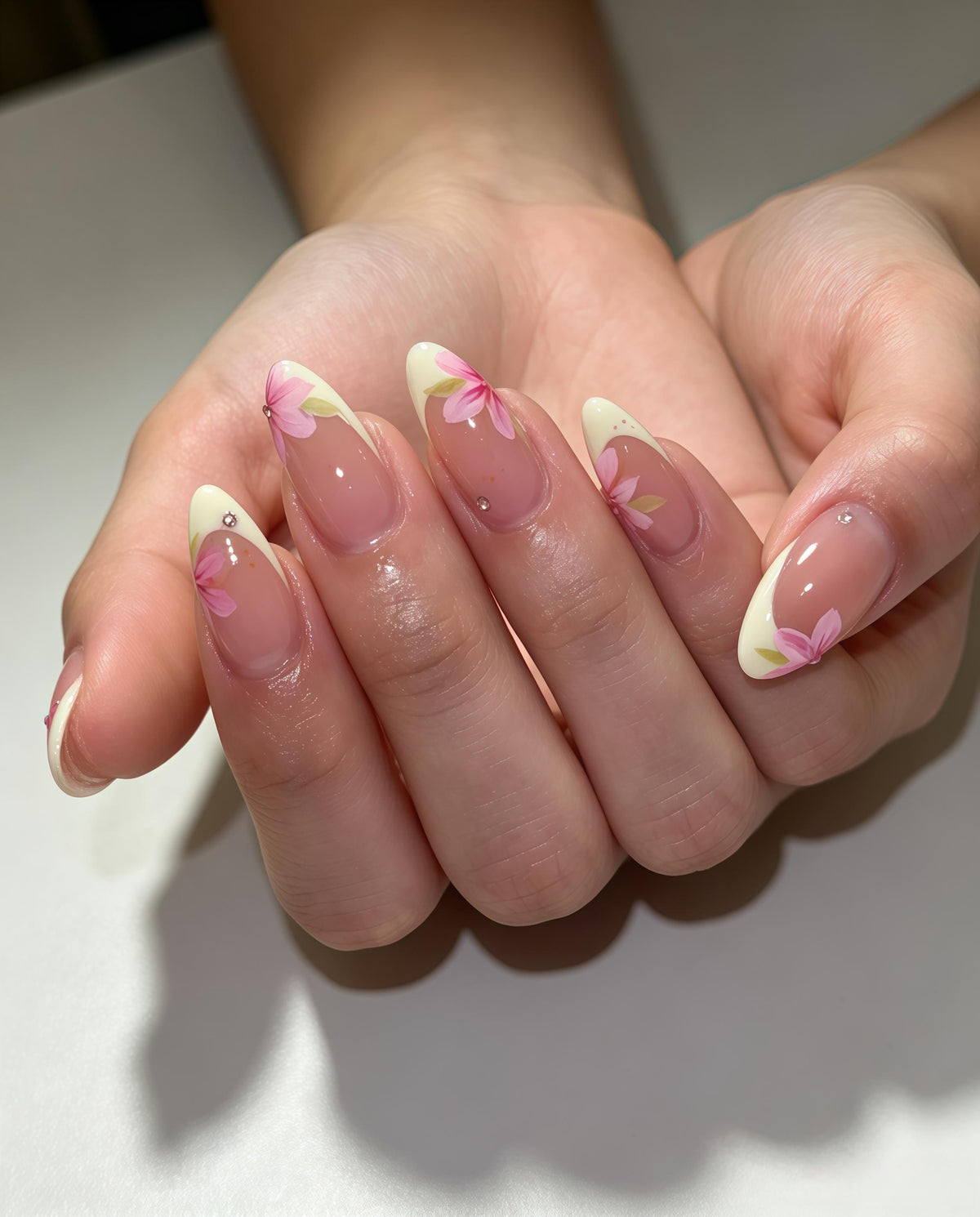 Pastel Pink Floral French Tip Press On Nails With Cream Yellow Tips