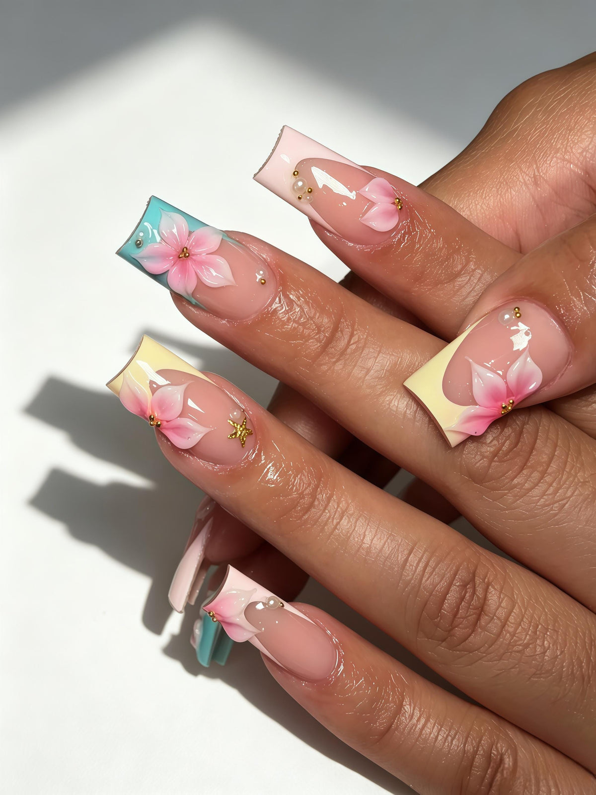 Pastel Pink French Tip Nails With 3D Flowers, Rhinestones & Gold Accents