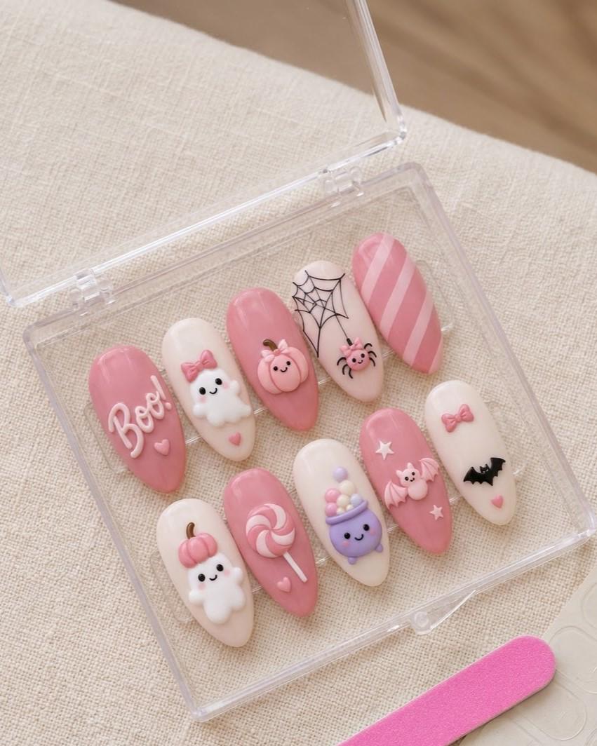 Pastel Pink Halloween Nails With 3D Ghosts, Pumpkins, Bats and Candy