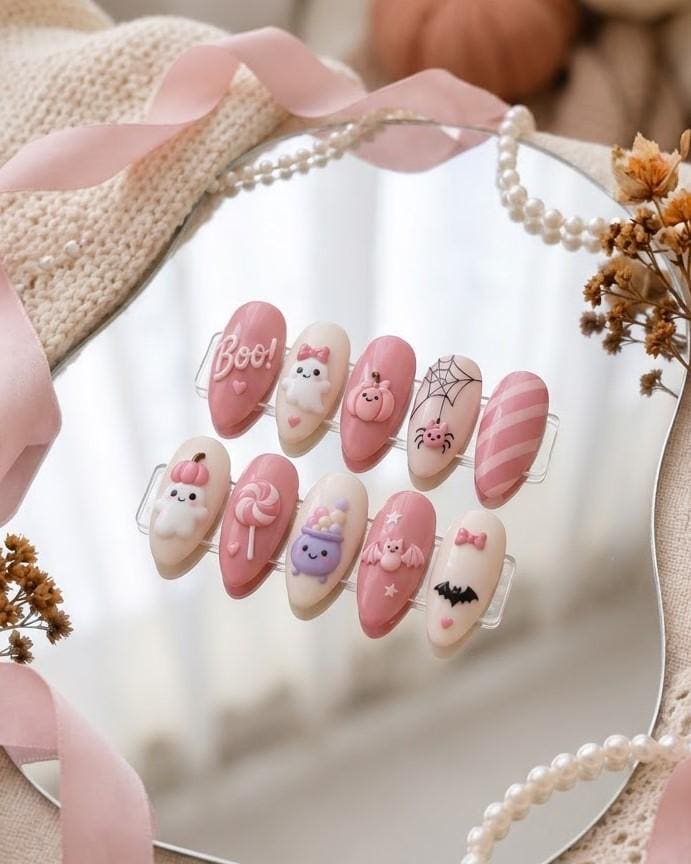 Pastel Pink Halloween Nails With 3D Ghosts, Pumpkins, Bats and Candy