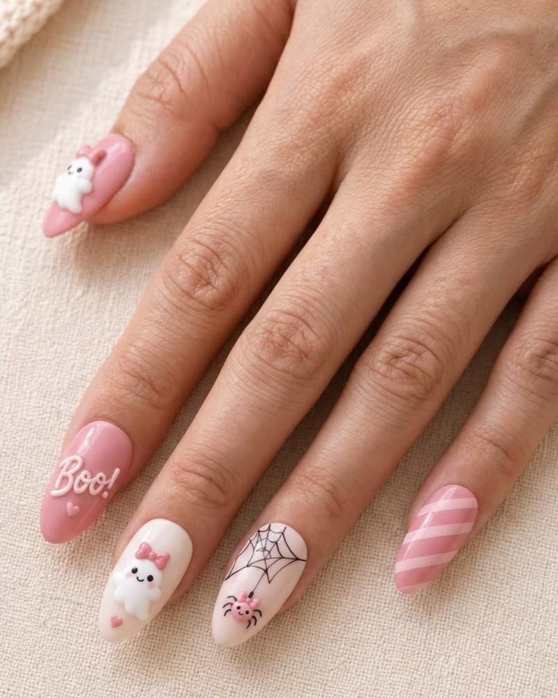 Pastel Pink Halloween Nails With 3D Ghosts, Pumpkins, Bats and Candy
