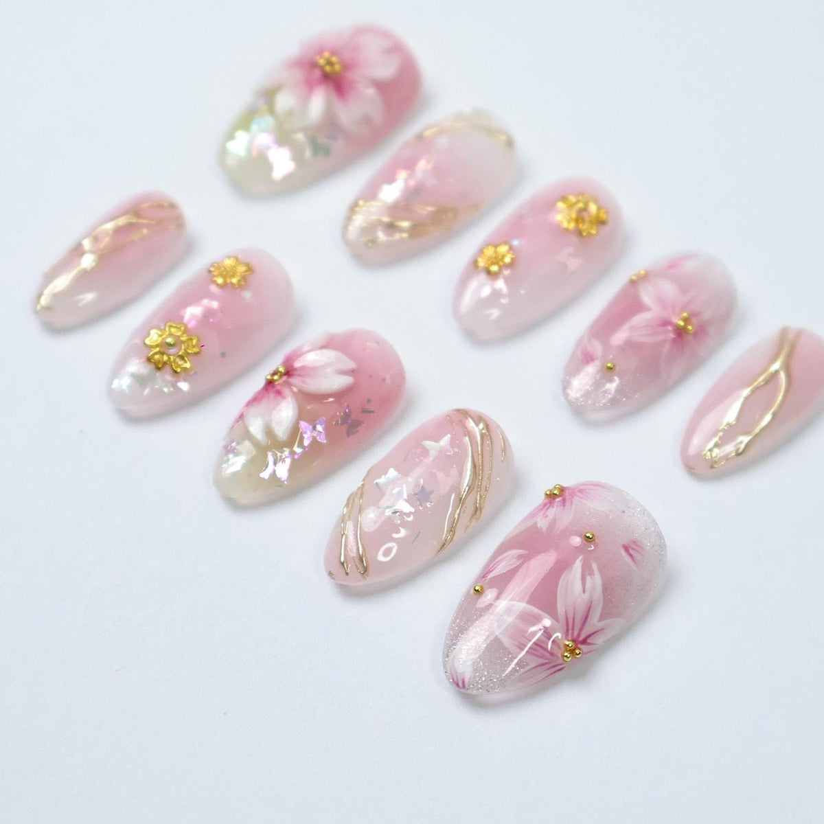 Pastel Pink Sakura Press On Nails With Gold Details