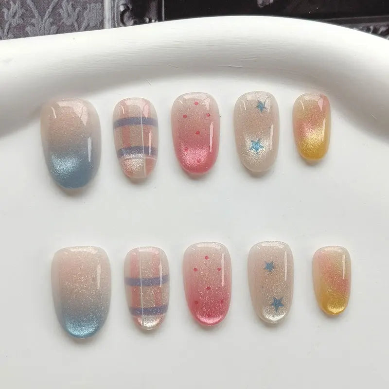 Pastel Plaid and Star Shimmer Press On Nails