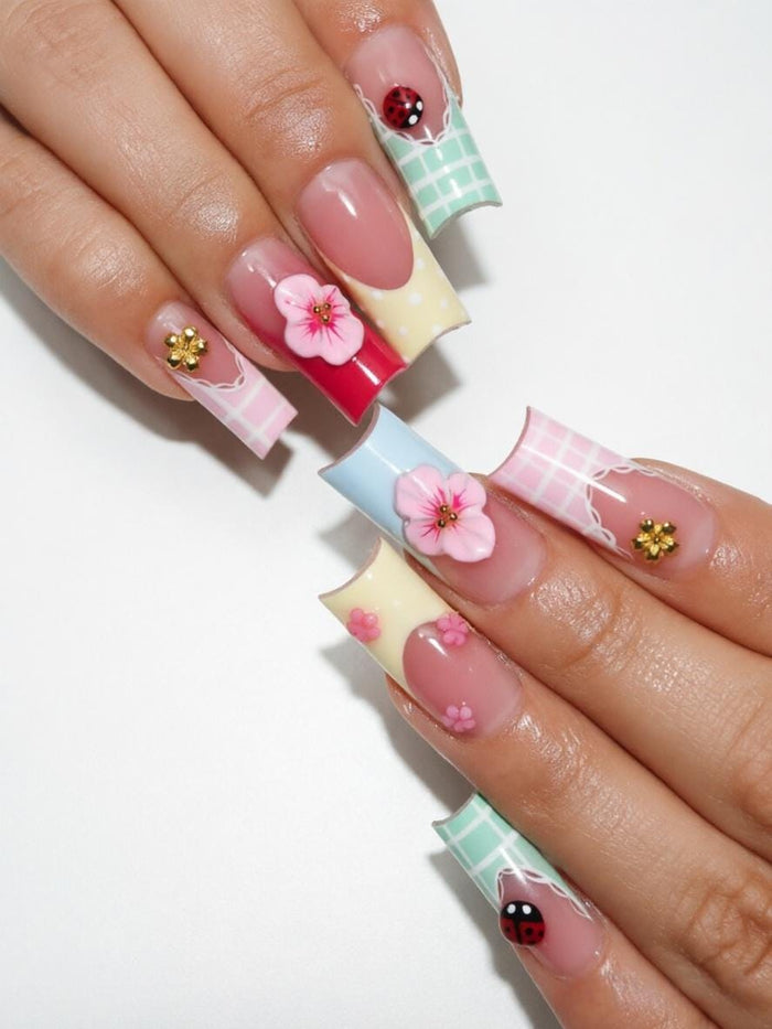 Pastel Plaid Floral Press On Nails with 3D Pink Flowers and Ladybug Accents