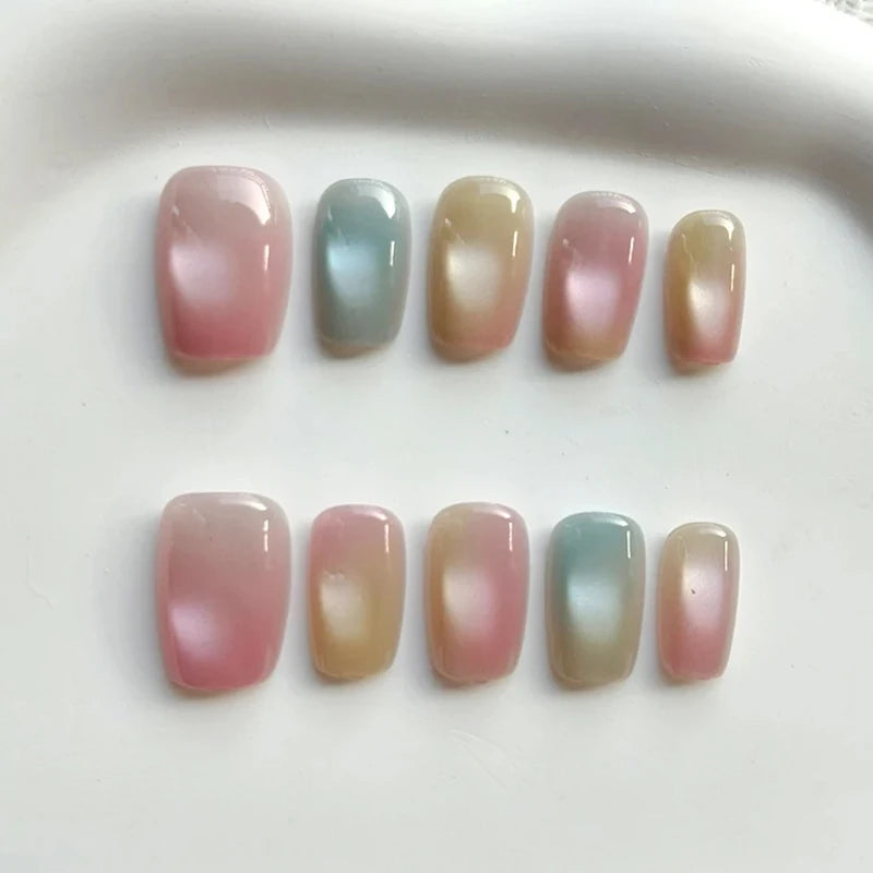 Pastel Rainbow Gradient Cat-Eye Press-On Nails