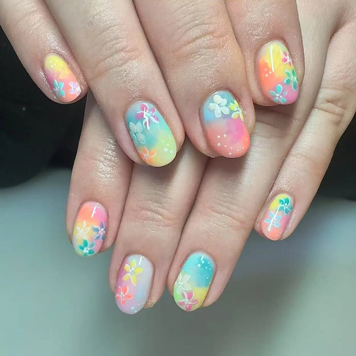 Pastel Rainbow Ombré Flower Press-On Nails