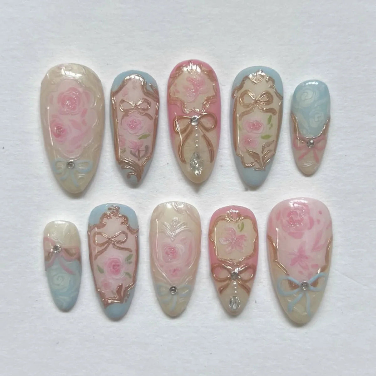 Pastel Rose and Bow Nails with Gold Rococo Details