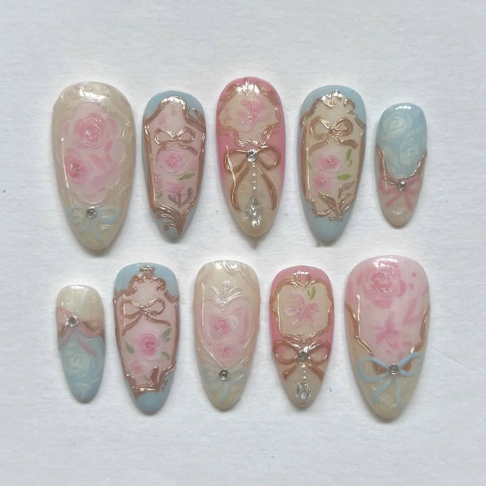 Pastel Rose and Bow Press On Nails with Gold Rococo Details