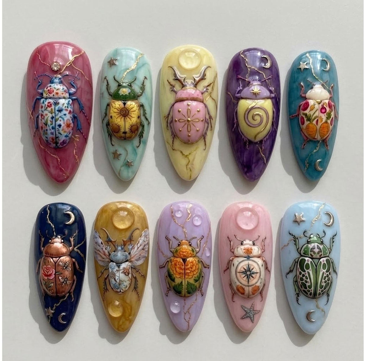Pastel Scarab Press-On Nail Set With 3D Beetles and Celestial Details