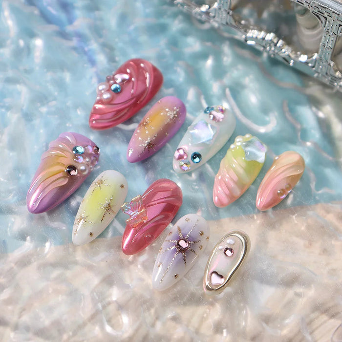 Pastel Seashell Press On Nails with Iridescent Glitter and Raised Gems