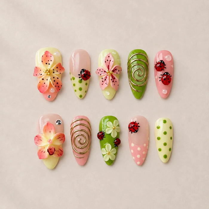 Pastel Spring Flower and Ladybug Press On Nail Set with Swirls, Plaid and Rhinestones