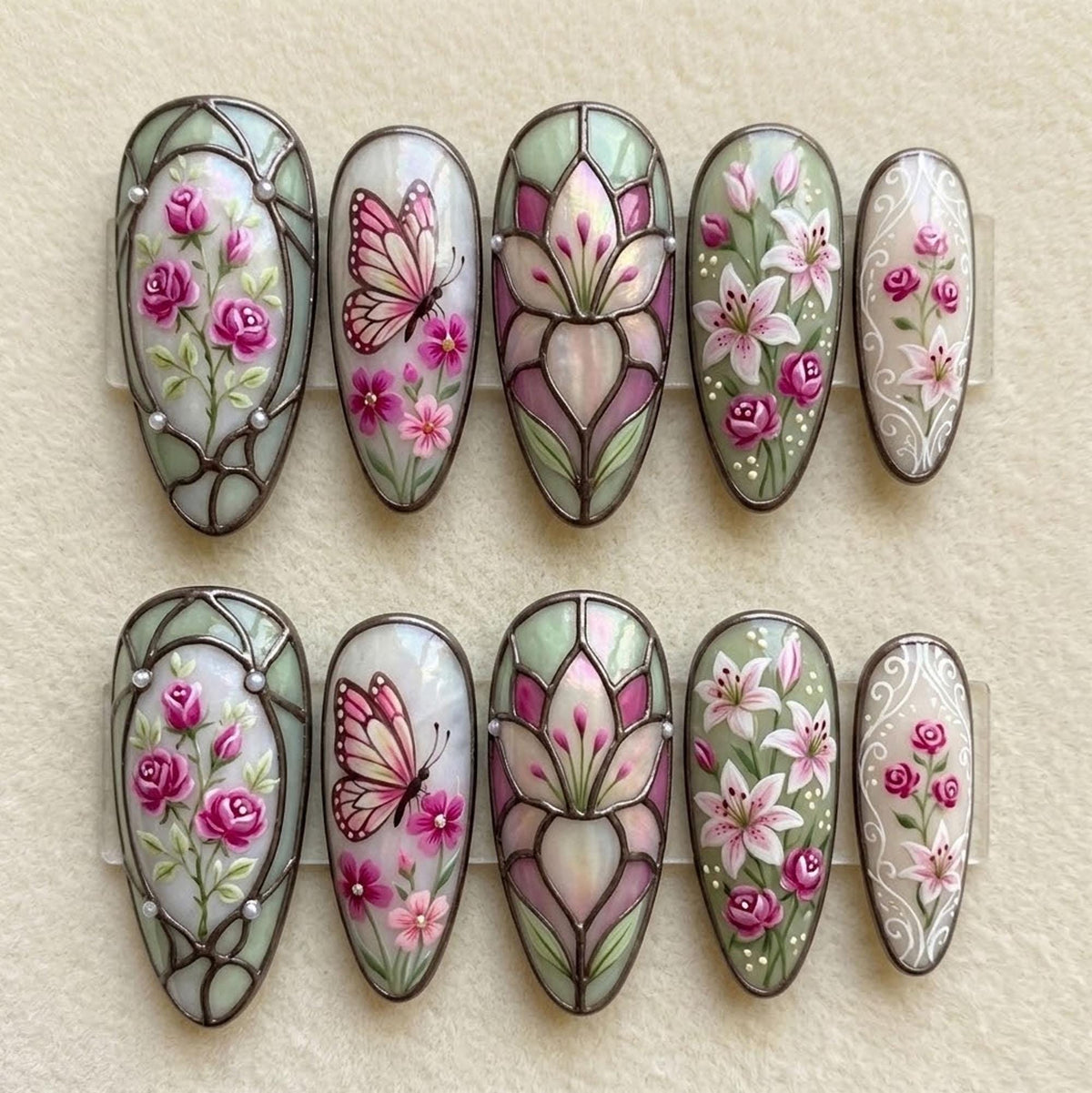 Pastel Stained Glass Floral Butterfly Nail Set