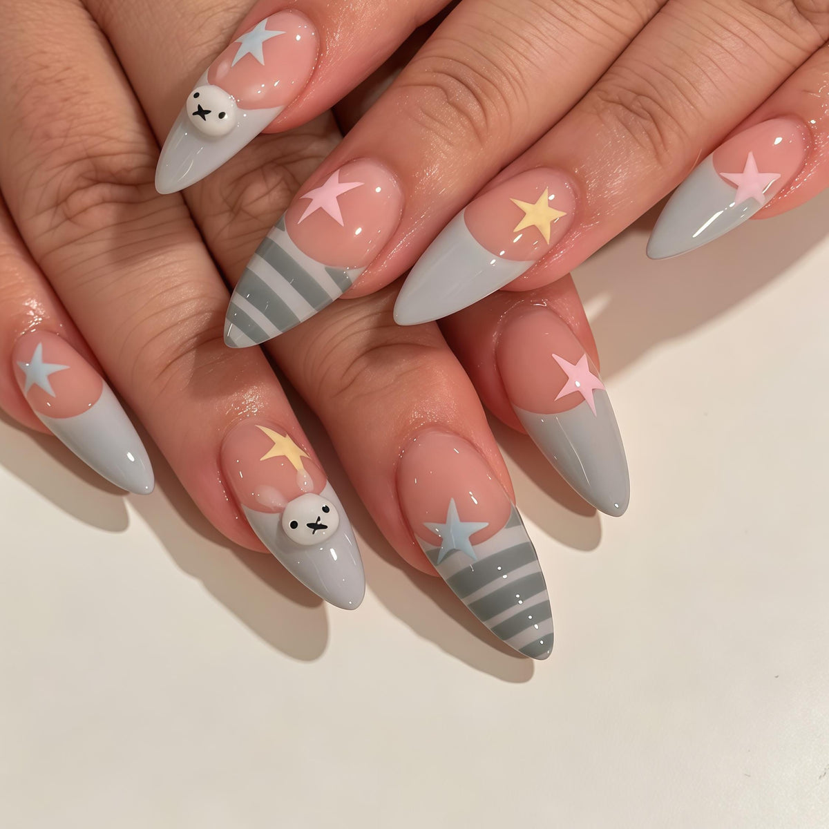 Pastel Star and Bunny Face Nail Set With Gray Striped Tips