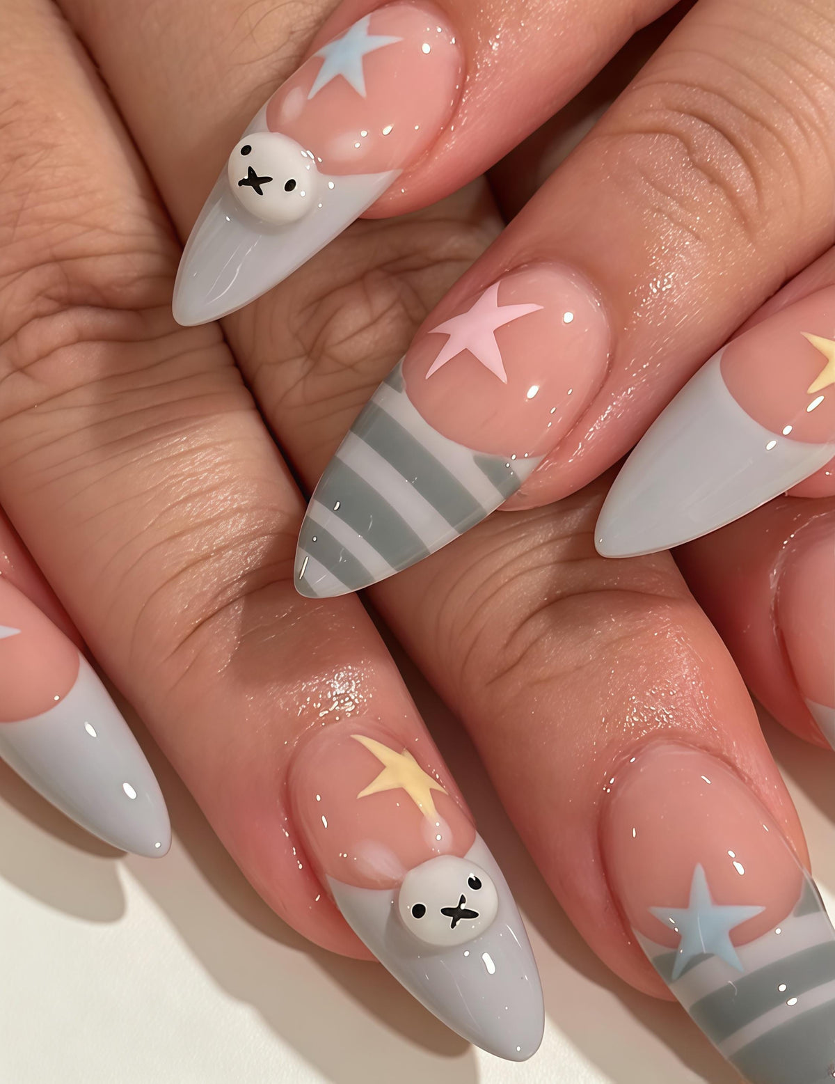 Pastel Star and Bunny Face Nail Set With Gray Striped Tips
