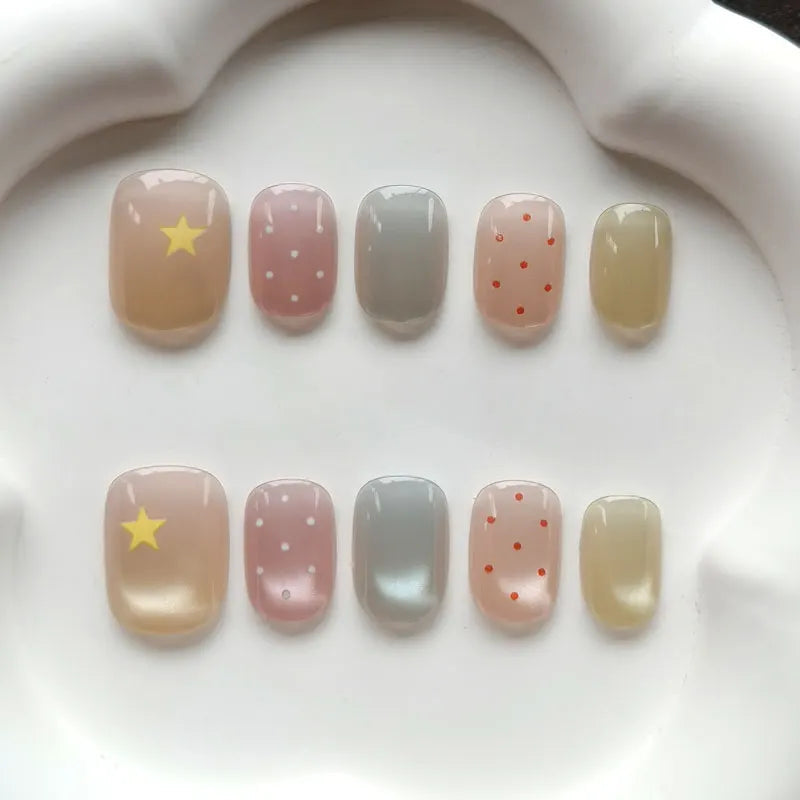 Pastel Star and Dot Press-On Nails in Taupe, Pink, Gray, Yellow, and Peach