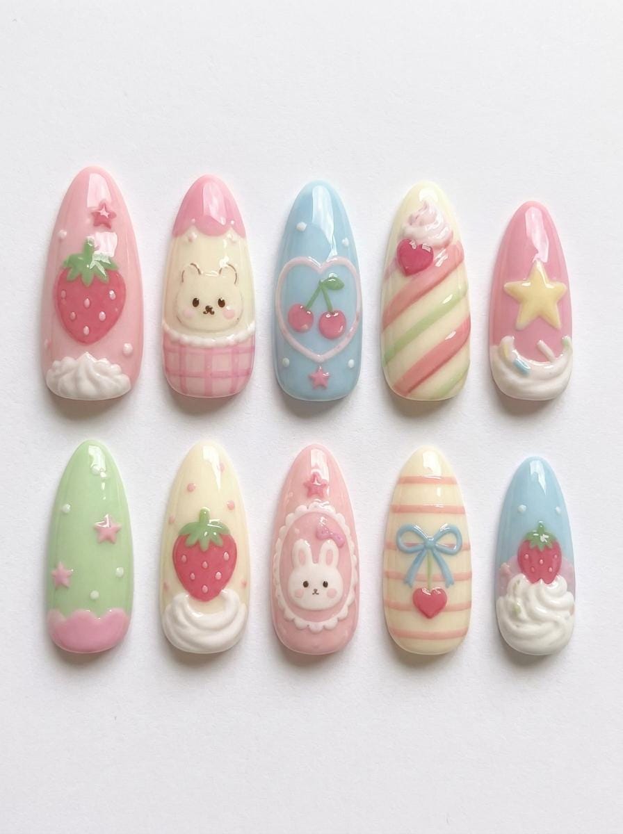 Pastel Strawberry Bunny Press On Nails With 3D Fruit, Bows and Whipped Cream