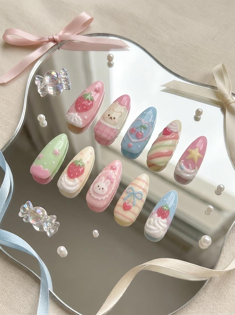 Pastel Strawberry Bunny Press On Nails With 3D Fruit, Bows and Whipped Cream