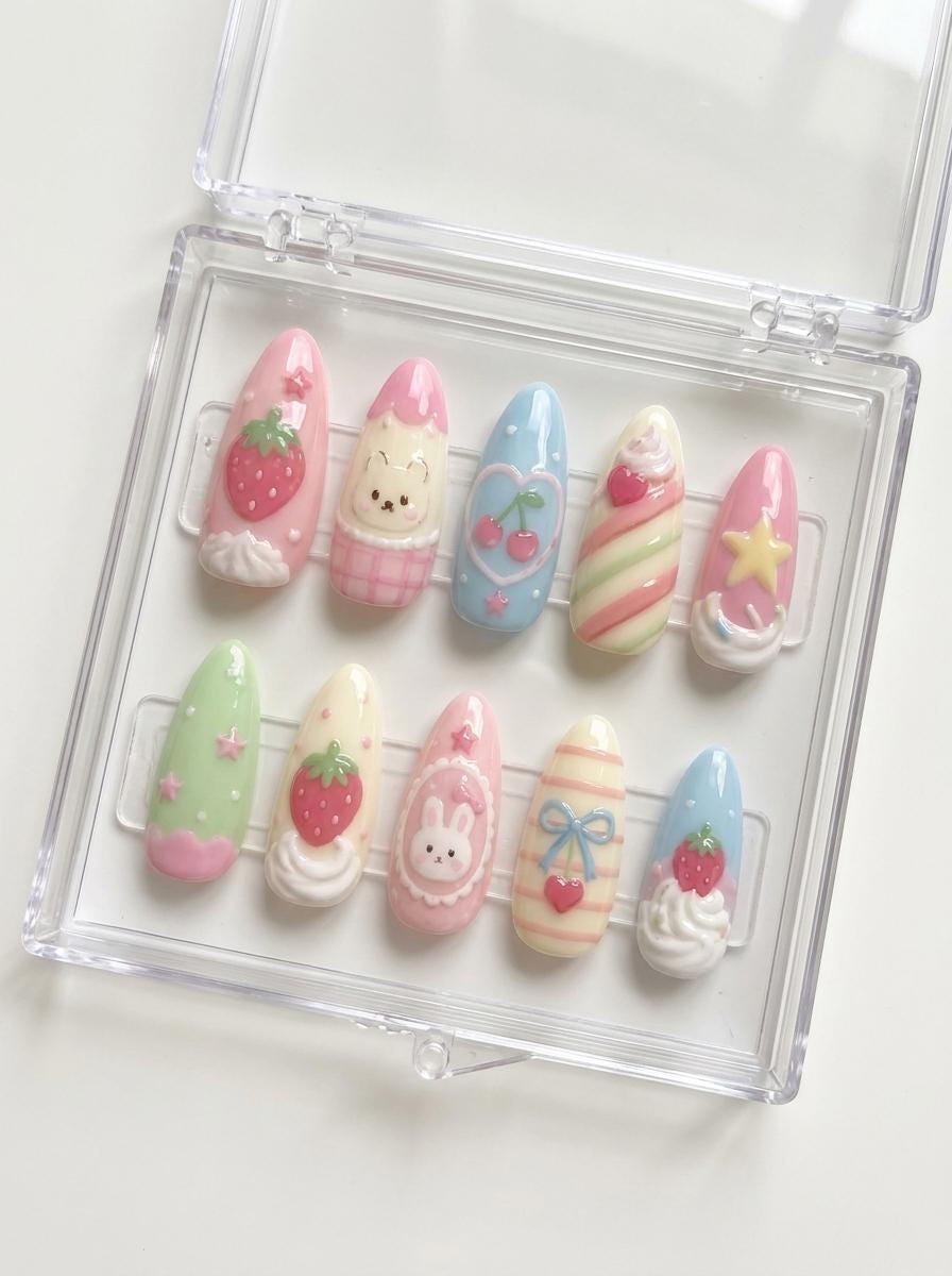 Pastel Strawberry Bunny Press On Nails With 3D Fruit, Bows and Whipped Cream