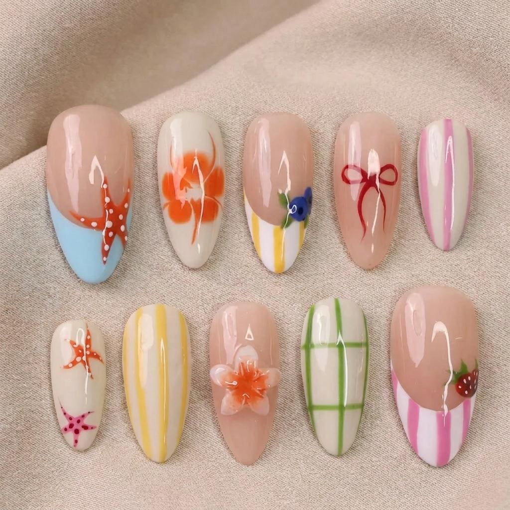 Pastel Stripe Summer Nails With Flowers, Starfish, Bow and Strawberry
