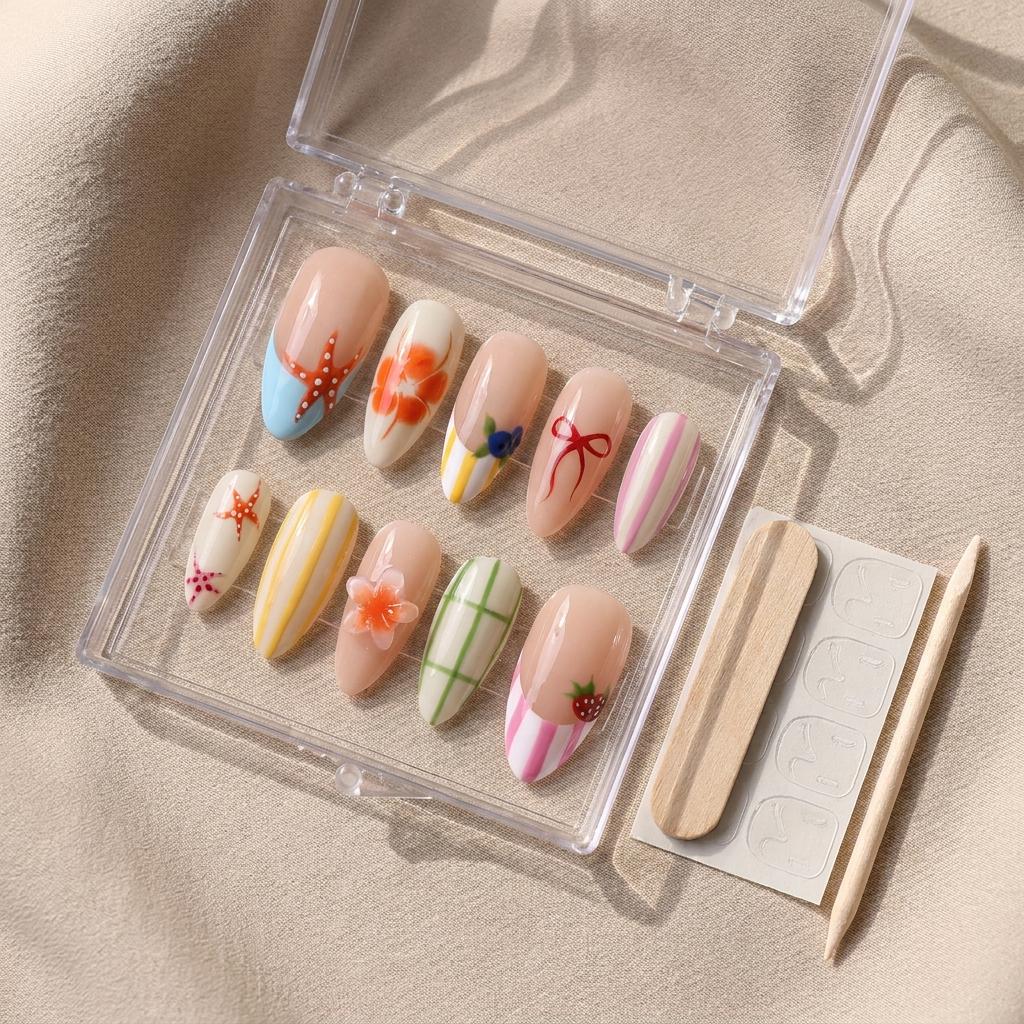 Pastel Stripe Summer Nails With Flowers, Starfish, Bow and Strawberry