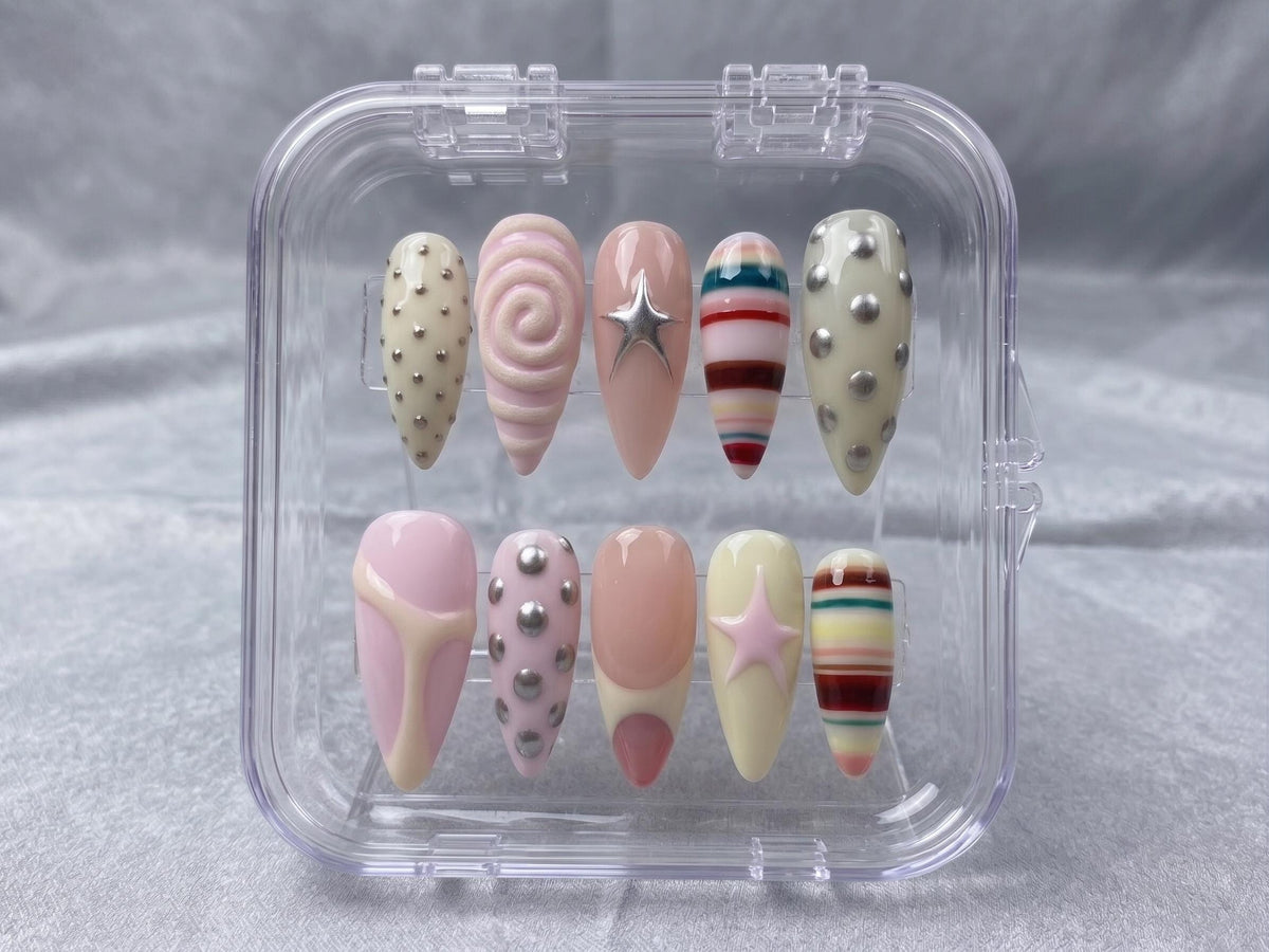Pastel Striped Indie Festival Press On Nails With Silver Studs and Star Details