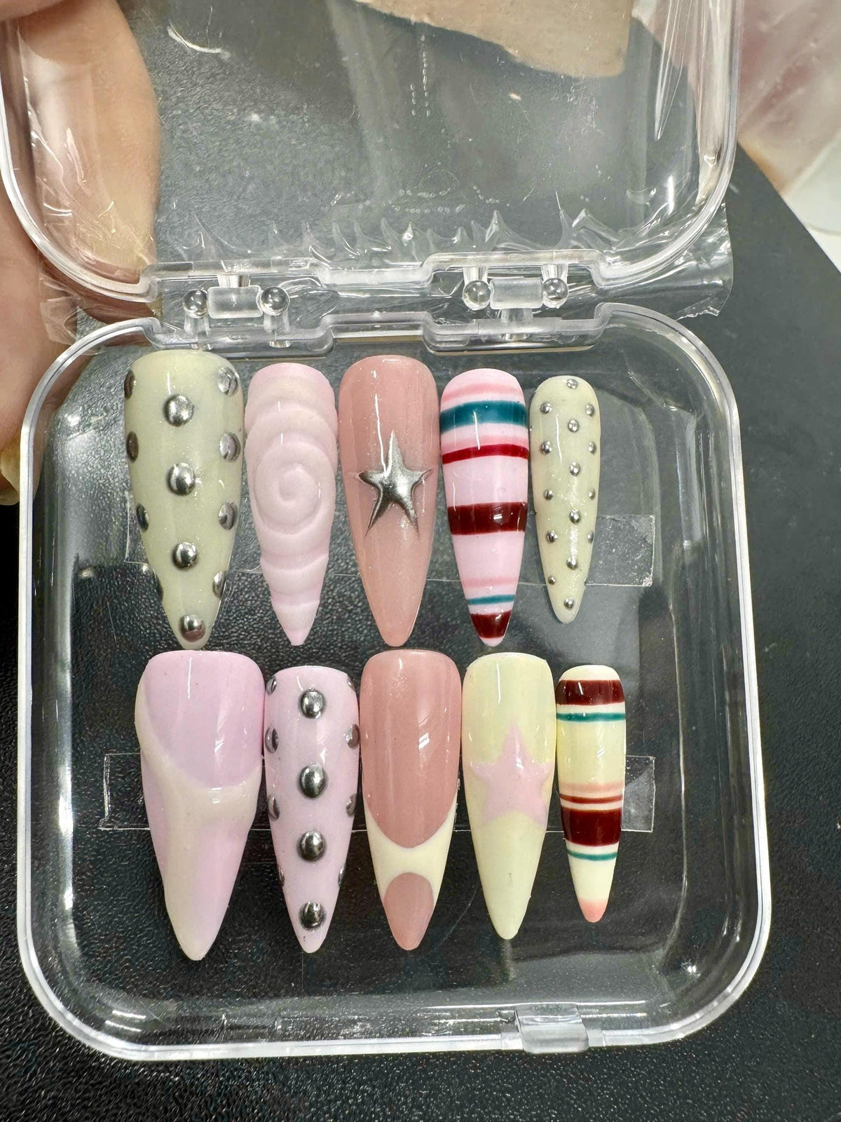Pastel Striped Indie Festival Press On Nails With Silver Studs and Star Details