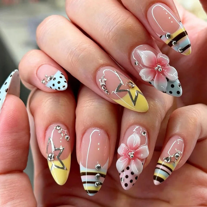 Pastel Summer Flower Press On Nails with Pink, Yellow, Stripes, Dots, and Silver Accents