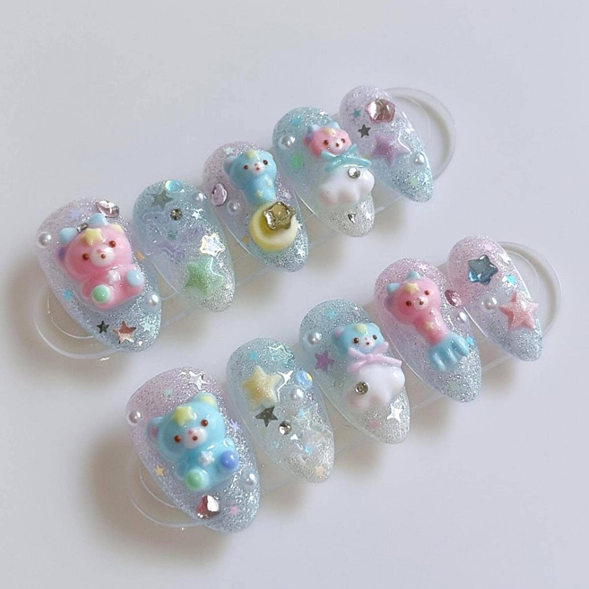 Pastel Teddy Bear Press-On Nails with Glitter, Stars and 3D Accents